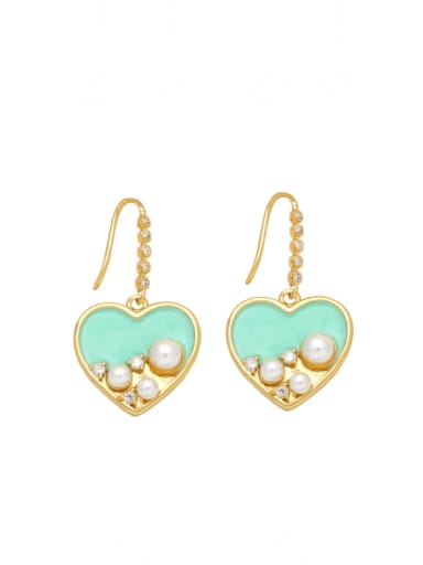 green Brass Imitation Pearl Enamel Heart Minimalist Hook Earring