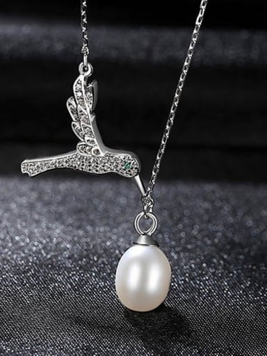 925 Sterling Silver Fashion Micro Inlay Zircon Bird Pearl Pendant Necklace