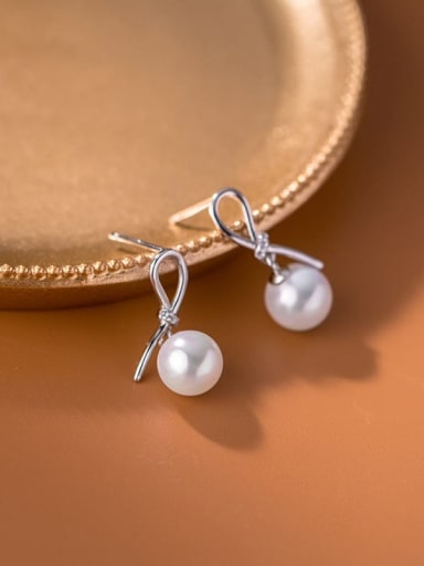 925 Sterling Silver Imitation Pearl Bowknot Cute Huggie Earring