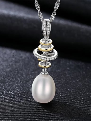 925 Sterling Silver Water Wave Chain Freshwater Pearl Pendant  Necklace