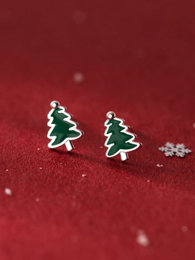 925 Sterling Silver Enamel Christmas Tree Cute Stud Earring