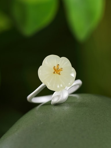 925 Sterling Silver Jade Flower Cute Band Ring