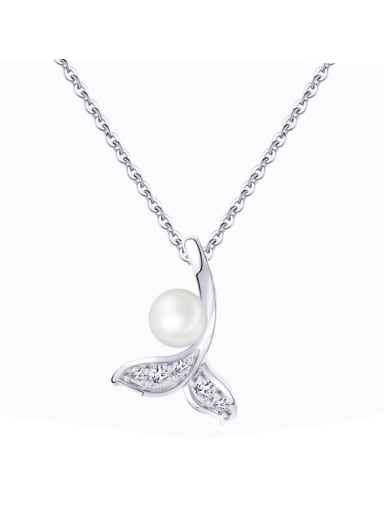 Platinum,1.56g 925 Sterling Silver Imitation Pearl Fish Tail Dainty Necklace