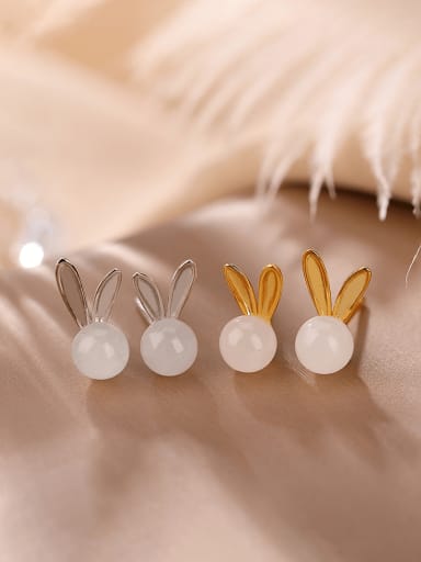 925 Sterling Silver Jade Rabbit Cute Stud Earring