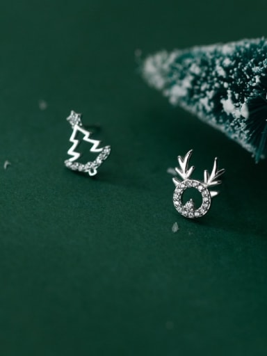 925 Sterling Silver Cubic Zirconia  Minimalist  Asymmetric Christmas Tree Fawn  Stud Earring
