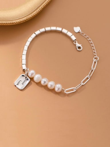 925 Sterling Silver Imitation Pearl Square Minimalist Beaded Bracelet