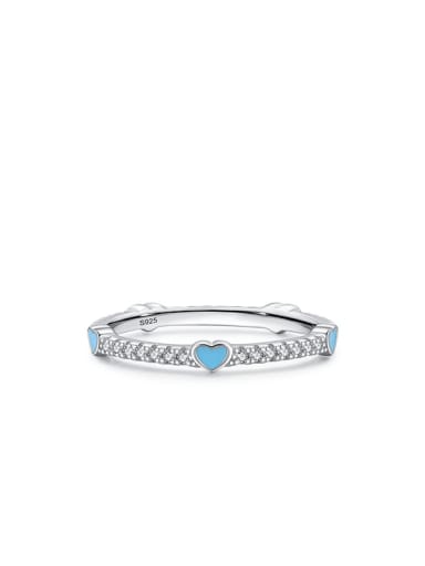 blue 925 Sterling Silver Enamel Cubic Zirconia Heart Minimalist Band Ring