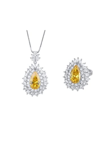Brass Cubic Zirconia Luxury Water Drop Ring and Necklace Set