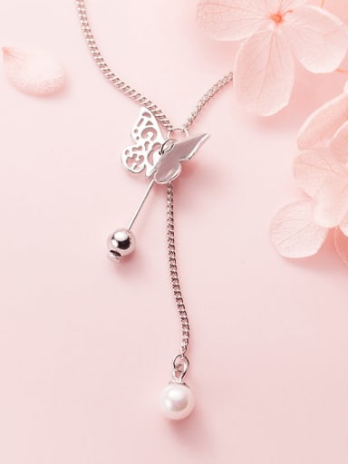 925 Sterling Silver Imitation Pearl  Butterfly Minimalist Lariat Necklace