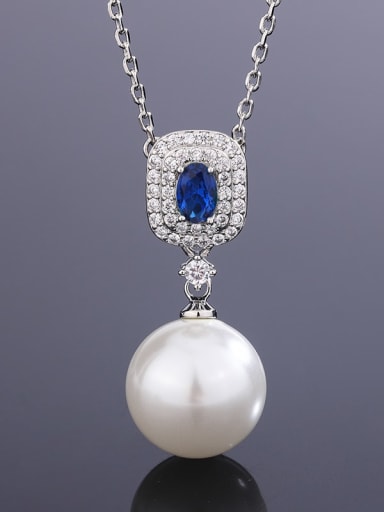 Blue spinel white bead pendant Brass Imitation Pearl Luxury Geometric  Earring and Necklace Set