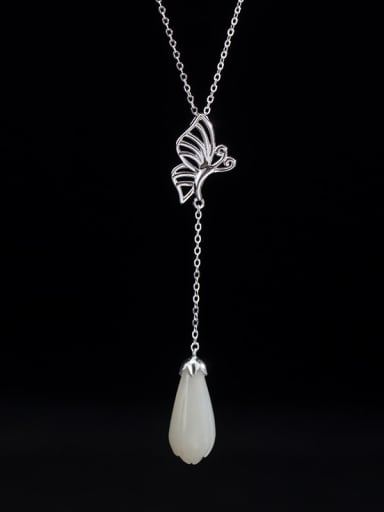 925 Sterling Silver Jade Butterfly Tassel Vintage Necklace