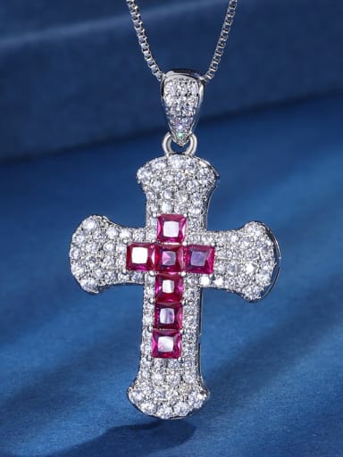 Red Treasure Pendant Brass Cubic Zirconia Cross Vintage Regligious Necklace
