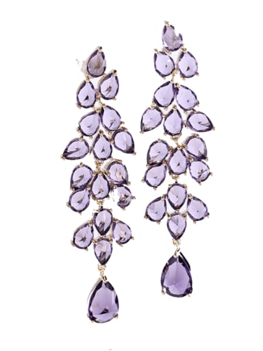 purple Brass Cubic Zirconia Leaf Luxury Drop Earring