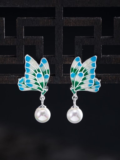 925 Sterling Silver Imitation Pearl Enamel Butterfly Vintage Necklace