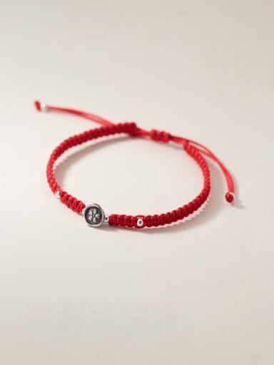 925 Sterling Silver Flower Ethnic Braided, Red Rope,  Adjustable Bracelet