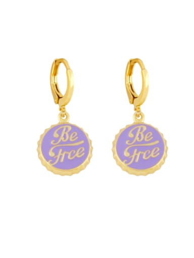 purple Brass Enamel Round Letter Vintage Huggie Earring