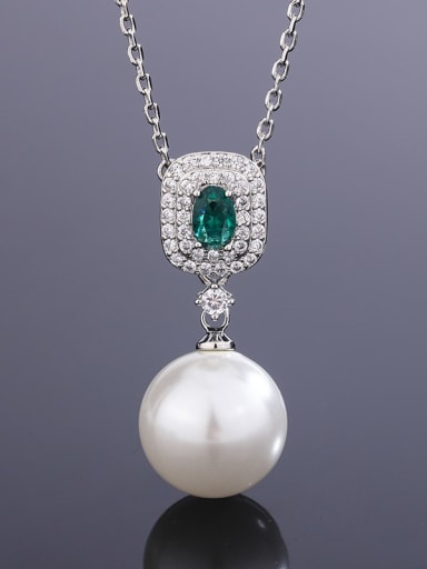 Green nano white bead pendant Brass Imitation Pearl Luxury Geometric  Earring and Necklace Set