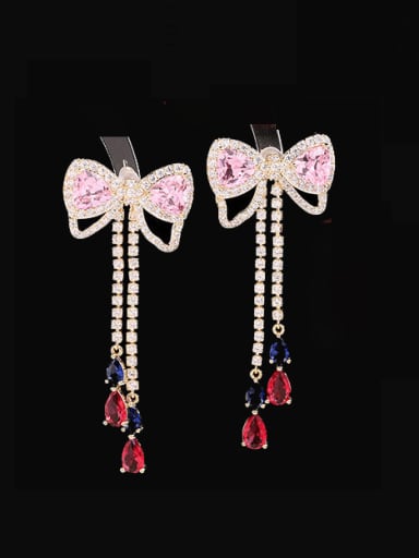 Pink Brass Cubic Zirconia Water droplets Tassel Luxury Cluster Earring