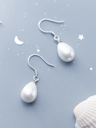 925 Sterling Silver Imitation Pearl Water Drop Minimalist Hook Earring