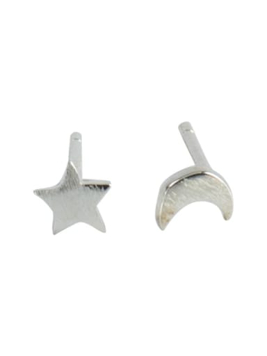 925 Sterling Silver Simple asymmetry Star Moon Stud Earring