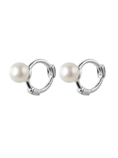 925 Sterling Silver Imitation Pearl Round Minimalist Huggie Earring