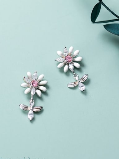 925 Sterling Silver White Enamel Flower Vintage Drop Earring