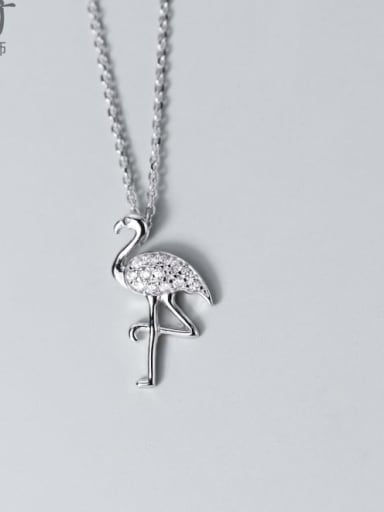 925 Sterling Silver Diamond Red Crowned Crane Pendant Necklace