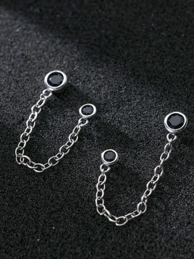 925 Sterling Silver Vintage Chain round black diamond double ear hole  Threader Earring