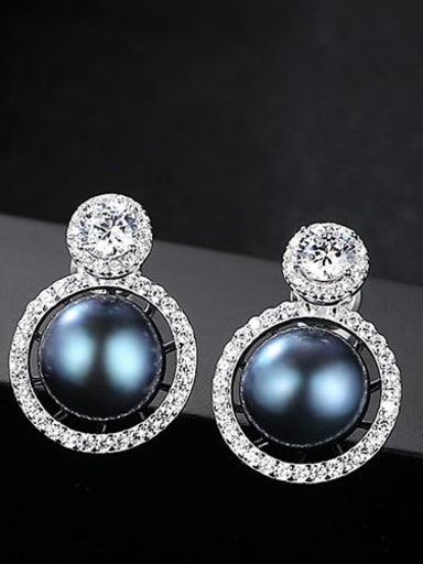 Black 1K17 925 Sterling Silver Freshwater Pearl White Round Luxury Stud Earring