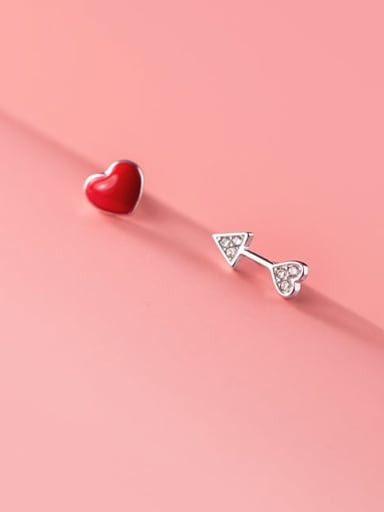925 Sterling Silver Enamel Asymmetric red love  Heart Minimalist Stud Earring