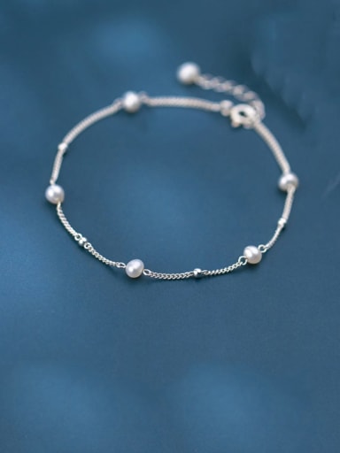 925 Sterling Silver Imitation Pearl  Round Minimalist Beaded Bracelet