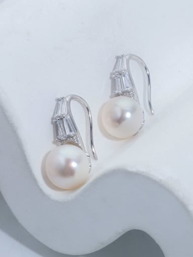 silvery 925 Sterling Silver Freshwater Pearl Geometric Minimalist Hook Earring
