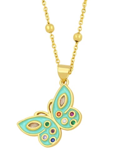 green Brass Rhinestone Enamel Butterfly Vintage Necklace