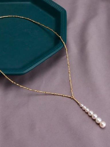 Brass Freshwater Pearl Geometric Minimalist Lariat Necklace