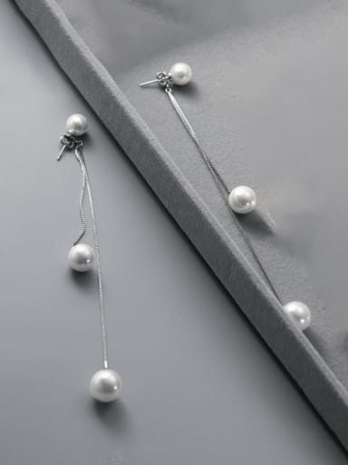 Silver 925 Sterling Silver Imitation Pearl Tassel Minimalist Threader Earring