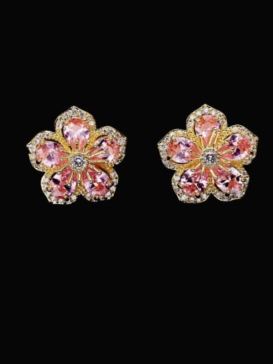 Gold+Pink Brass Cubic Zirconia Flower Luxury Stud Earring