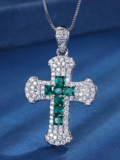 Emerald pendant Brass Cubic Zirconia Cross Vintage Regligious Necklace