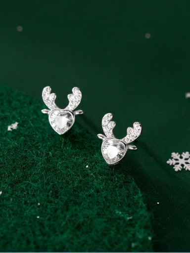 925 Sterling Silver Cubic Zirconia Deer Cute Christmas Stud Earring