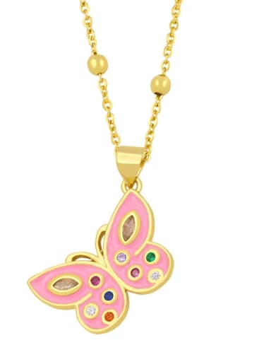 Pink Brass Rhinestone Enamel Butterfly Vintage Necklace