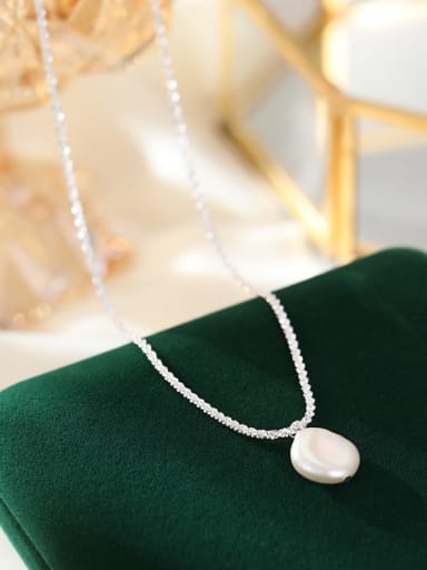 NS1096 ? Platinum ? 925 Sterling Silver Freshwater Pearl Geometric Minimalist Necklace
