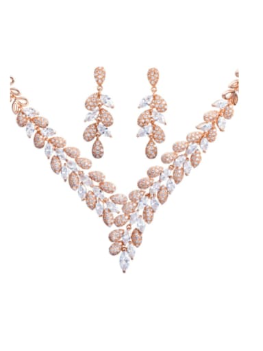 Brass Cubic Zirconia Luxury Wheatear  Earring and Necklace Set