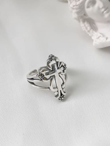 925 Sterling Silver Hollow  Cross Vintage Free Size Midi Ring