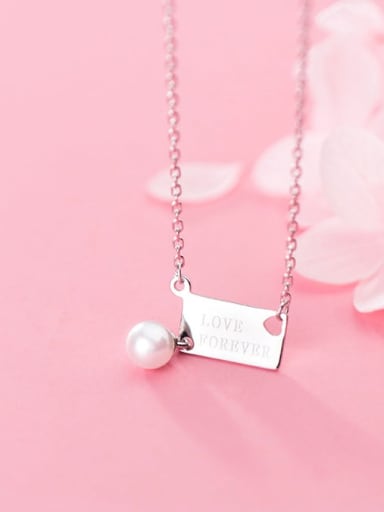 925 Sterling Silver Imitation Pearl Fashion English Tag Pendant Necklace