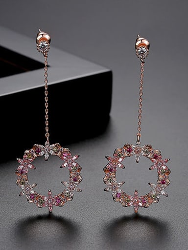 pink-T04I05 Copper Cubic Zirconia Multi Color Holllow Round Minimalist Drop Earring