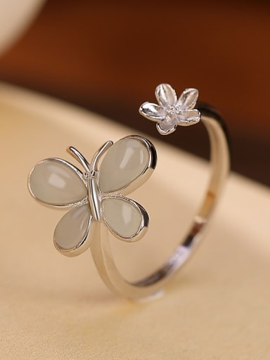 ??? 925 Sterling Silver Jade Flower Vintage Band Ring