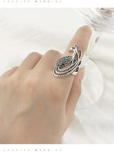 Vintage Sterling Silver With Antique Silver Plated Vintage Phoenix Peacock Free Size Rings