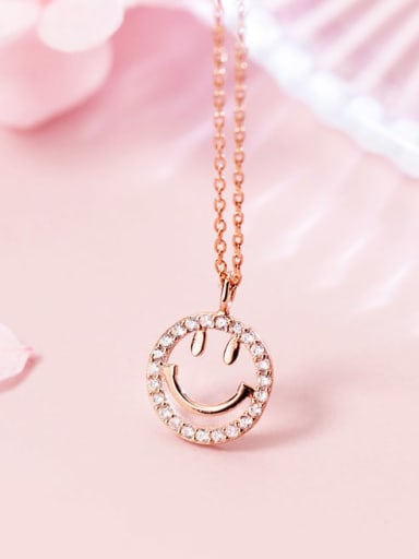 925 Sterling Silver Rhinestone Simple Cute Smiley Pendant Necklace