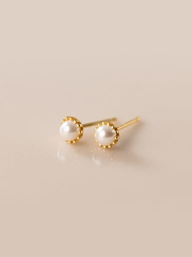 White Shell Pearl+ Gold 925 Sterling Silver Imitation Pearl Round Minimalist Stud Earring