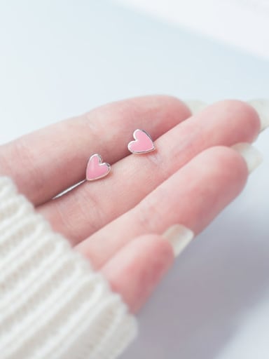 925 Sterling Silver Pink Enamel Heart Minimalist Stud Earring