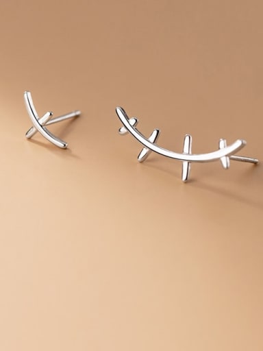 sliver 925 Sterling Silver Cross Minimalist  lines asymmetry Stud Earring